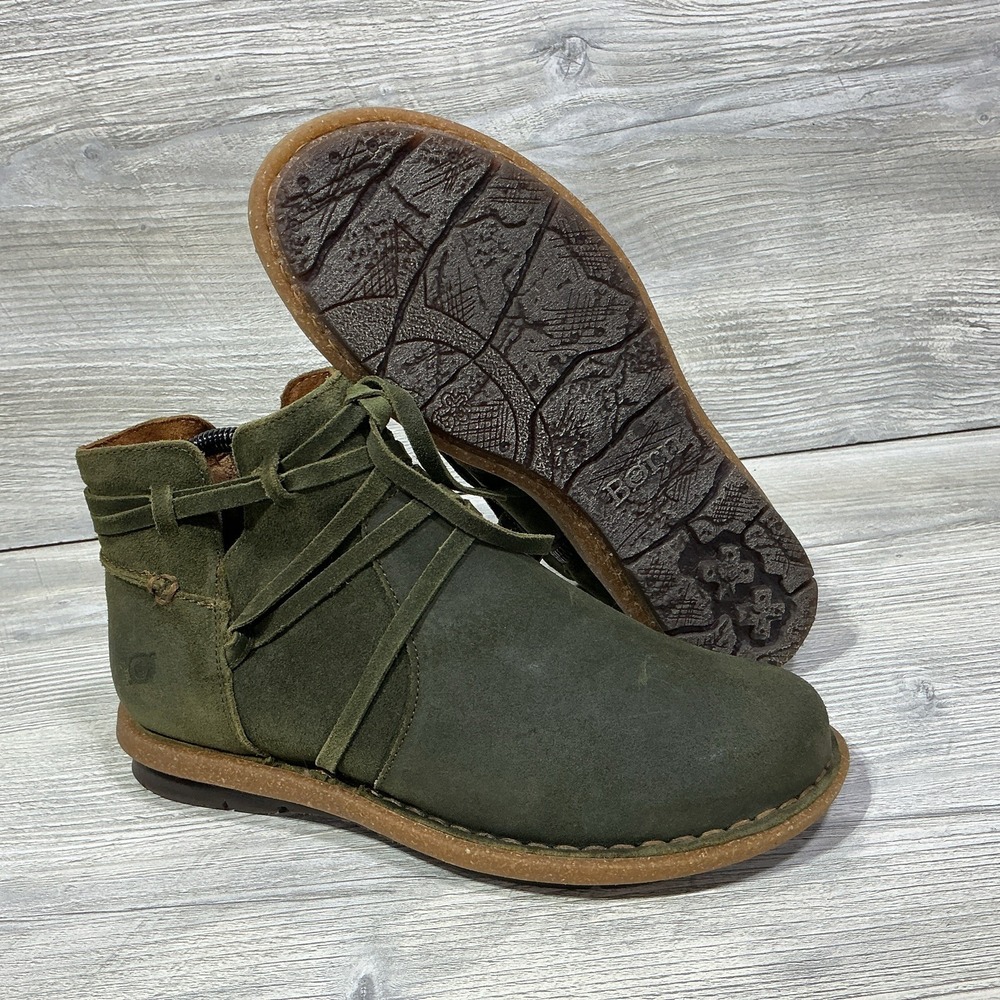 Born Boots Women's US 7.5 Tarkiln Olive Green Suede Ankle Booties Comfort Boho